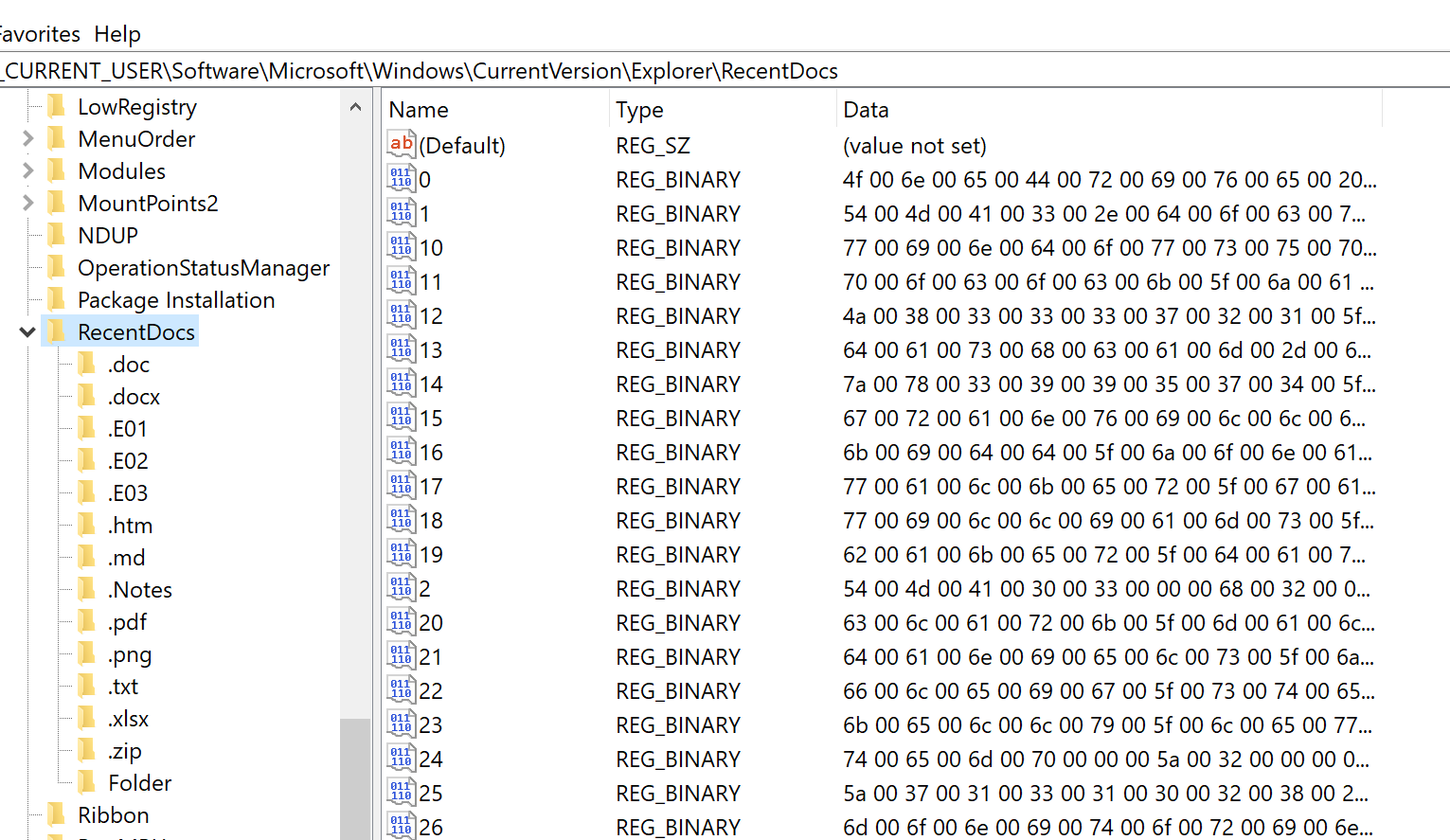 RecentDocs Registry Entry